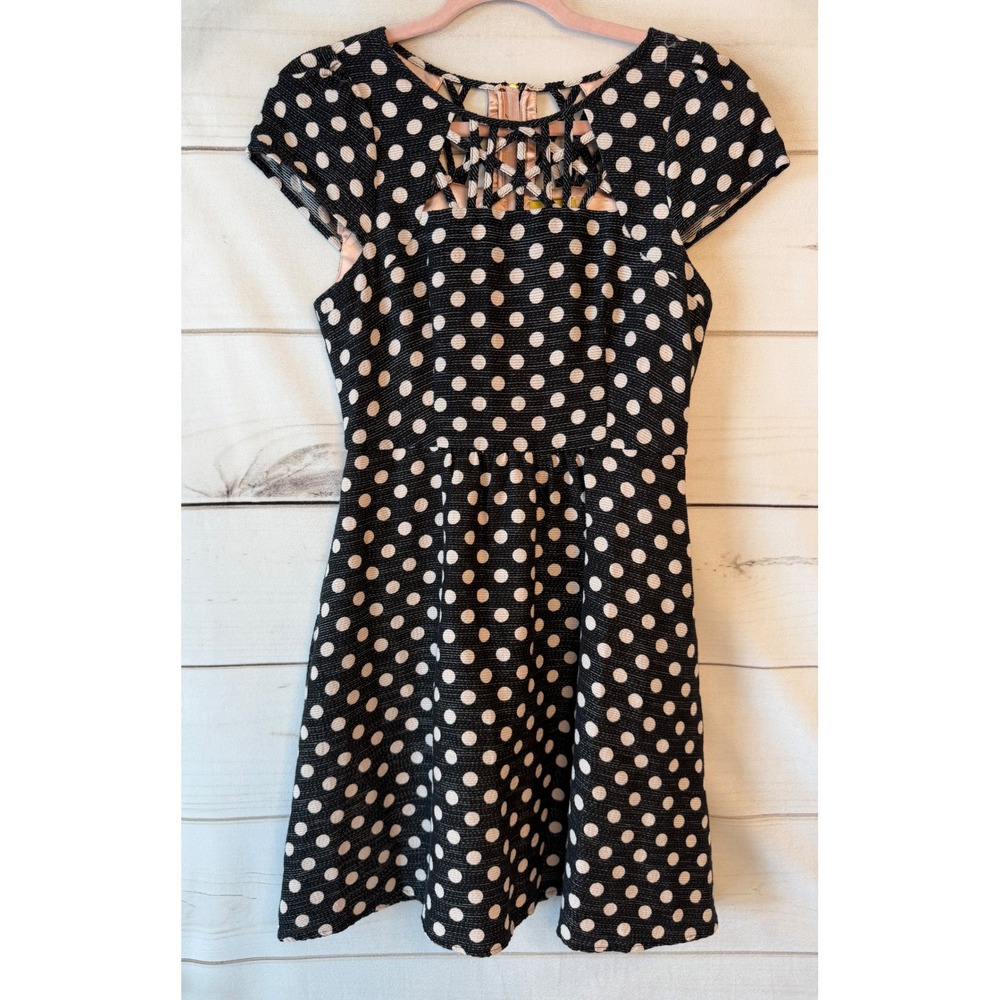 Maeve Anthropologie Polka Dot Lattice Neck Fit Flare Dress Black White Size 2